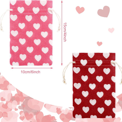 24 Pieces Valentine's Day Burlap Bag with Drawstring Linen Heart Red and Pink for 4 x 6 Inches Party Favor Gift Bags Packing Storage Pouch -.