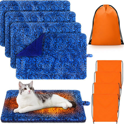 4 Pack Self Warming Cat Bed Mats Leopard Print Dog Thermal Blanket Double Sided Heating Pet Pad with Storage Bags for Winter Outdoor Indoor Supplies, Non Electric(L) - L.