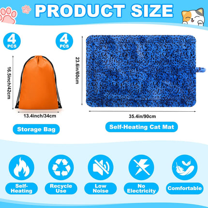 4 Pack Self Warming Cat Bed Mats Leopard Print Dog Thermal Blanket Double Sided Heating Pet Pad with Storage Bags for Winter Outdoor Indoor Supplies, Non Electric(L) - L.
