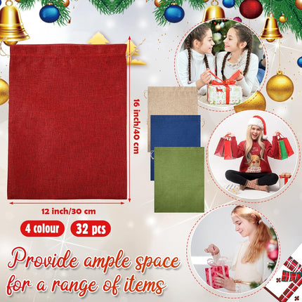 32 Pcs Christmas Large Burlap Gift Bags with Drawstring 12x16 Inch Jewelry Red Green Blue Linen Pouches for Thanksgiving Xmas Wrapping Gifts Birthday Wedding, Party, Household Use -.