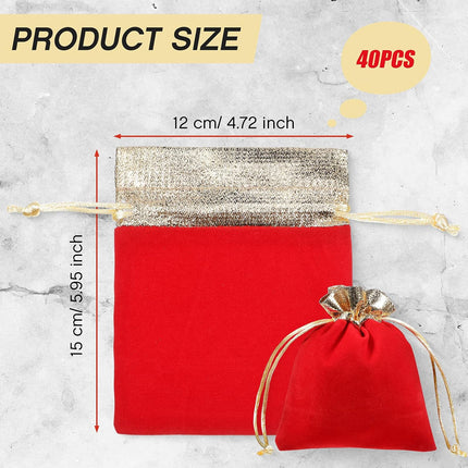 40 Pieces Christmas Velvet Jewelry Bags with Drawstrings Mini Pouches Golden Soft Velour Packaging for Candy Present Wedding(4.7 x 5.9 Inch,Red Golden) -.
