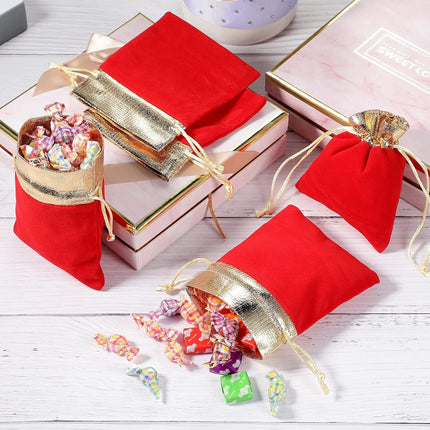 40 Pieces Christmas Velvet Jewelry Bags with Drawstrings Mini Pouches Golden Soft Velour Packaging for Candy Present Wedding(4.7 x 5.9 Inch,Red Golden) -.