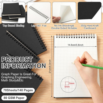 2 Pack Graph Paper Spiral Notepad A5 Top Wirebound Grid Notebook Steno Pads Memo 140 Pages for Writing Sketching Drawing Office Supplies (Black) Black -.
