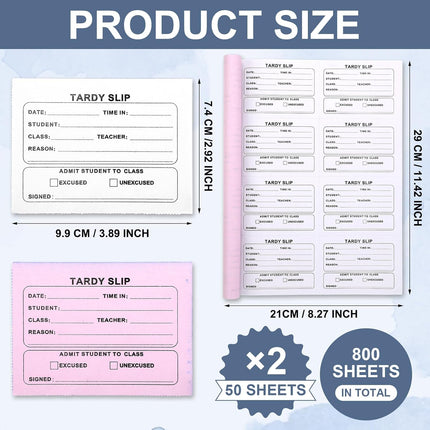 800 Pcs Tardy Slip Book with Carbonless Duplicates 3.5 x 4.3 Inch Slips Per Form Register Copy Notebook for Student Late Arrivals Easy Removal Fold and Tear(White Red) White Red -.
