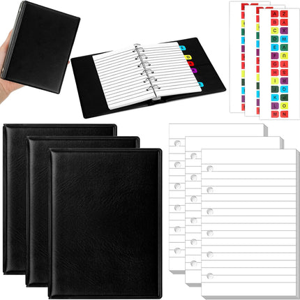 3 Set Mini 6 Ring Binder x 5 Inch 300 Paper Refill 78 Alphabet Dividers Small Index Tabs Black PU Leather Professional Planner Notebook Kit(Lined) -.