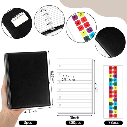 3 Set Mini 6 Ring Binder x 5 Inch 300 Paper Refill 78 Alphabet Dividers Small Index Tabs Black PU Leather Professional Planner Notebook Kit(Lined) -.