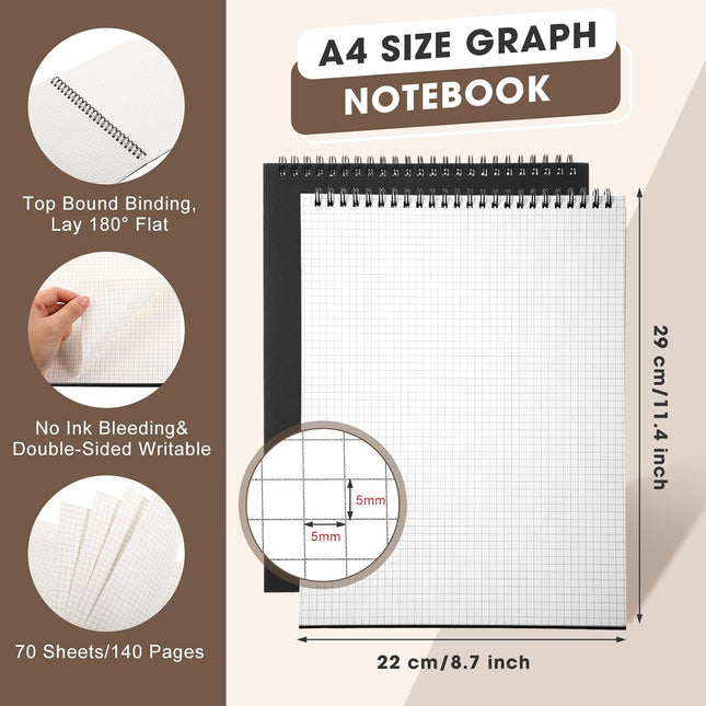 2 Pack Top Spiral Graph Paper Notebooks 8.7 X11.4 Inch A4 Grid Notepad 70 Sheet Memo Steno Pad for Engineering Writing Sketching Drawing School Office Supplies (Black) Black -.
