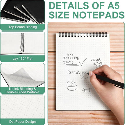 2 Pcs Dot Grid Notebook Top Spiral A5 Size Bullet Dotted Paper Hardcover Journal 8.3''x 5.8'' 140 Pages Notepads for Sketching Drawing Writing School Office (Black) Black -.