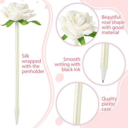 28 Pcs Valentine's Day Flower Rose Pens Valentine Gifts Artificial Floral 0.5mm Black Ink Gel Pen for Valentines Wedding Mother's Home Office Supplies(White) White -.