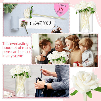 28 Pcs Valentine's Day Flower Rose Pens Valentine Gifts Artificial Floral 0.5mm Black Ink Gel Pen for Valentines Wedding Mother's Home Office Supplies(White) White -.
