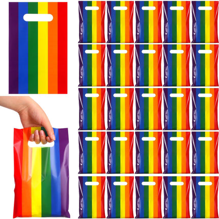 100 Pcs Gay Pride Day Rainbow Gift Bags with Handle Lgbt Party Favor Reusable Striped Plastic Snack Treat Goody Candy Bag for Summer Birthday Wedding Supplies 9.84'' x 6.5'' -.
