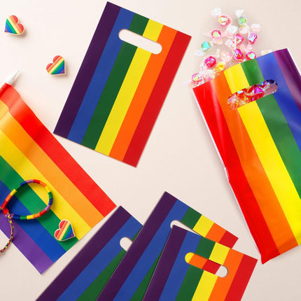 100 Pcs Gay Pride Day Rainbow Gift Bags with Handle Lgbt Party Favor Reusable Striped Plastic Snack Treat Goody Candy Bag for Summer Birthday Wedding Supplies 9.84'' x 6.5'' -.