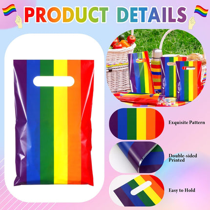 100 Pcs Gay Pride Day Rainbow Gift Bags with Handle Lgbt Party Favor Reusable Striped Plastic Snack Treat Goody Candy Bag for Summer Birthday Wedding Supplies 9.84'' x 6.5'' -.