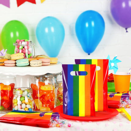 100 Pcs Gay Pride Day Rainbow Gift Bags with Handle Lgbt Party Favor Reusable Striped Plastic Snack Treat Goody Candy Bag for Summer Birthday Wedding Supplies 9.84'' x 6.5'' -.