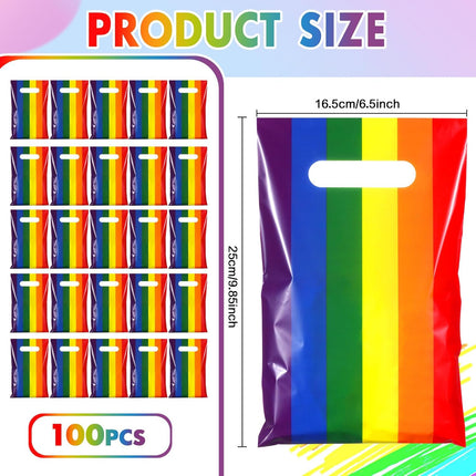100 Pcs Gay Pride Day Rainbow Gift Bags with Handle Lgbt Party Favor Reusable Striped Plastic Snack Treat Goody Candy Bag for Summer Birthday Wedding Supplies 9.84'' x 6.5'' -.