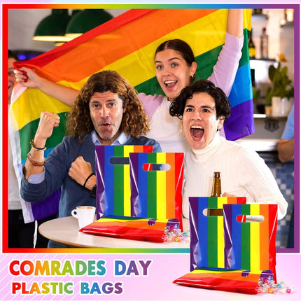 100 Pcs Gay Pride Day Rainbow Gift Bags with Handle Lgbt Party Favor Reusable Striped Plastic Snack Treat Goody Candy Bag for Summer Birthday Wedding Supplies 9.84'' x 6.5'' -.