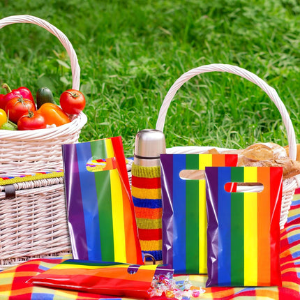 100 Pcs Gay Pride Day Rainbow Gift Bags with Handle Lgbt Party Favor Reusable Striped Plastic Snack Treat Goody Candy Bag for Summer Birthday Wedding Supplies 9.84'' x 6.5'' -.