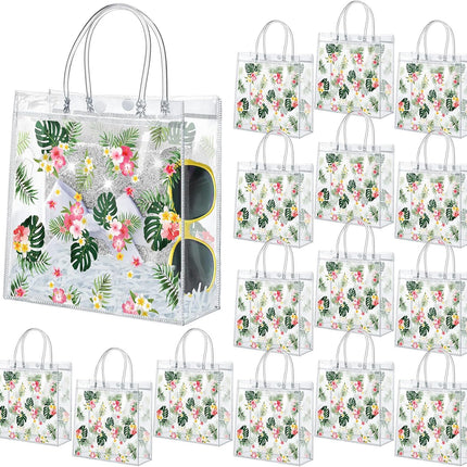 24 Pcs Hawaiian Gift Bags with Handle Luau Party Favors Summer Tropical Jungle Palm Leaf PVC Plastic Clear Aloha Goodie Bulk for Birthday Supplies 8x8x3.15 Inch -.