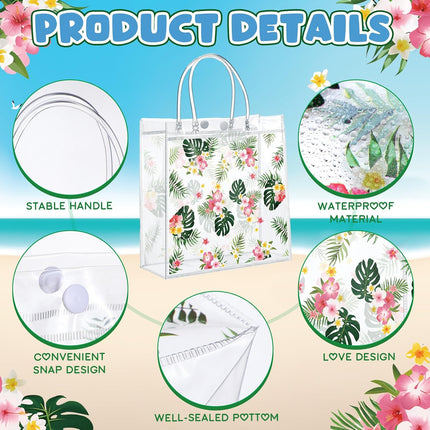 24 Pcs Hawaiian Gift Bags with Handle Luau Party Favors Summer Tropical Jungle Palm Leaf PVC Plastic Clear Aloha Goodie Bulk for Birthday Supplies 8x8x3.15 Inch -.