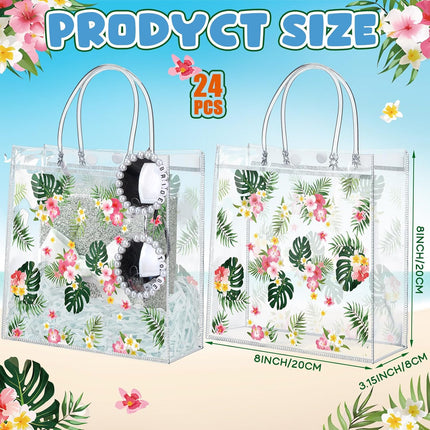 24 Pcs Hawaiian Gift Bags with Handle Luau Party Favors Summer Tropical Jungle Palm Leaf PVC Plastic Clear Aloha Goodie Bulk for Birthday Supplies 8x8x3.15 Inch -.