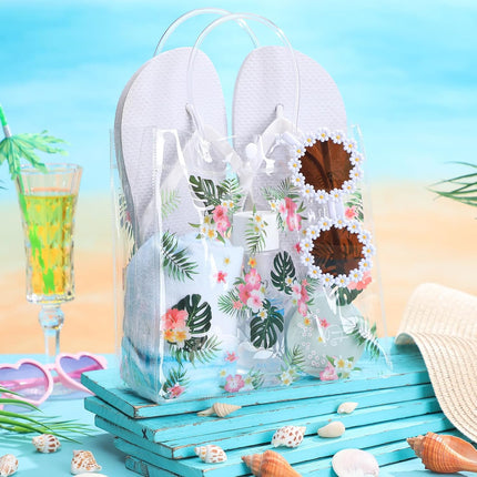24 Pcs Hawaiian Gift Bags with Handle Luau Party Favors Summer Tropical Jungle Palm Leaf PVC Plastic Clear Aloha Goodie Bulk for Birthday Supplies 8x8x3.15 Inch -.
