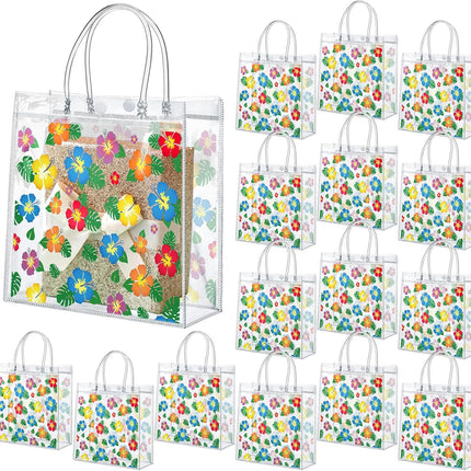 24 Pcs Hawaiian Hibiscus Clear Gift Bags with Handle Plastic PVC Summer Tiki Luau Treat Goodie Favor Tote for Tropical Aloha Theme Party Birthday Present Giving, 8 x 3.15 -.