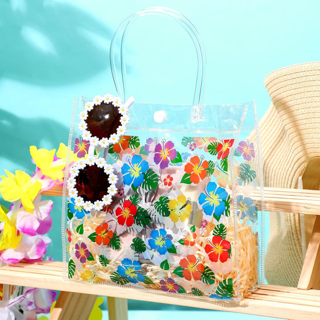 24 Pcs Hawaiian Hibiscus Clear Gift Bags with Handle Plastic PVC Summer Tiki Luau Treat Goodie Favor Tote for Tropical Aloha Theme Party Birthday Present Giving, 8 x 3.15 -.