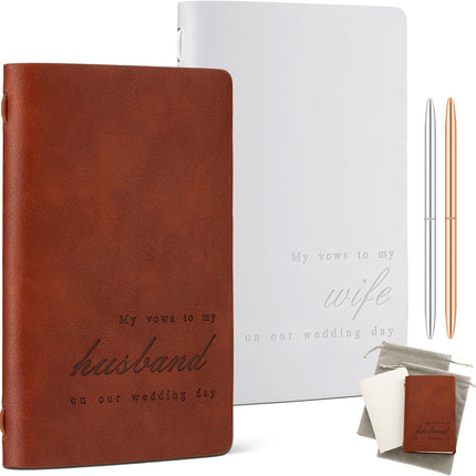 6 Pcs Brown and White Wedding Vow Books Set His Her Book with Pen Bag 5.9x3.9 Inch Leather Couple Notebook Gift for Bridal Shower Engagement Party Favor 40 Page/pcs -.