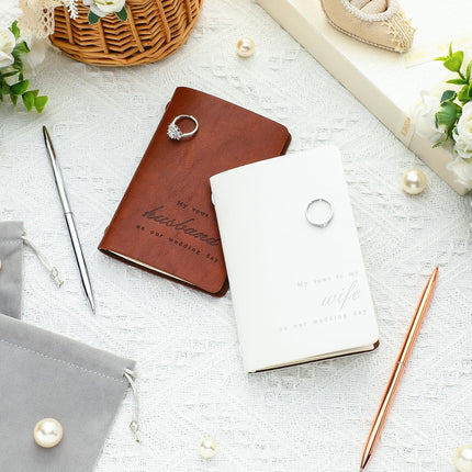 6 Pcs Brown and White Wedding Vow Books Set His Her Book with Pen Bag 5.9x3.9 Inch Leather Couple Notebook Gift for Bridal Shower Engagement Party Favor 40 Page/pcs -.