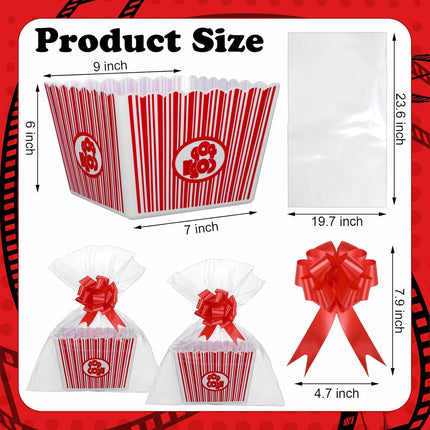 6 Pack Movie Night Gifts Baskets Plastic Popcorn Box Containers with Bags and Bows for Holiday Lover Teacher Appreciation Birthday Party Favors DIY Kits - 9 x Inch.