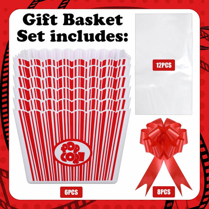 6 Pack Movie Night Gifts Baskets Plastic Popcorn Box Containers with Bags and Bows for Holiday Lover Teacher Appreciation Birthday Party Favors DIY Kits - 9 x Inch.