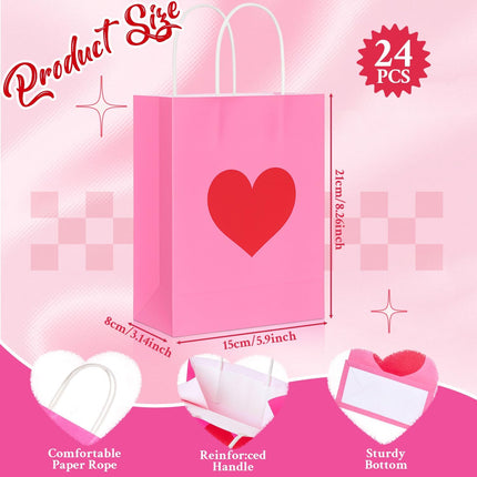 24 Pcs Valentine's Day Heart Gift Bags Bulk with Handle Pink Gifts Kraft Paper Wrapping Bag Galentines Shaped Goodie Candy for Wedding Party Favors Supplies -.