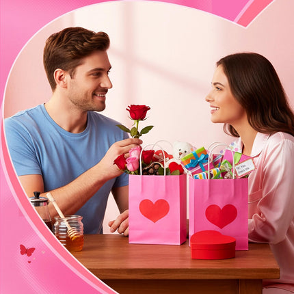 24 Pcs Valentine's Day Heart Gift Bags Bulk with Handle Pink Gifts Kraft Paper Wrapping Bag Galentines Shaped Goodie Candy for Wedding Party Favors Supplies -.