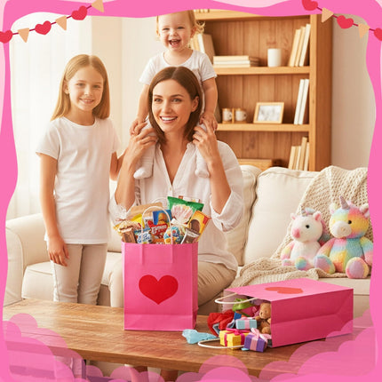 24 Pcs Valentine's Day Heart Gift Bags Bulk with Handle Pink Gifts Kraft Paper Wrapping Bag Galentines Shaped Goodie Candy for Wedding Party Favors Supplies -.