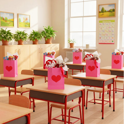24 Pcs Valentine's Day Heart Gift Bags Bulk with Handle Pink Gifts Kraft Paper Wrapping Bag Galentines Shaped Goodie Candy for Wedding Party Favors Supplies -.