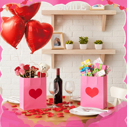 24 Pcs Valentine's Day Heart Gift Bags Bulk with Handle Pink Gifts Kraft Paper Wrapping Bag Galentines Shaped Goodie Candy for Wedding Party Favors Supplies -.