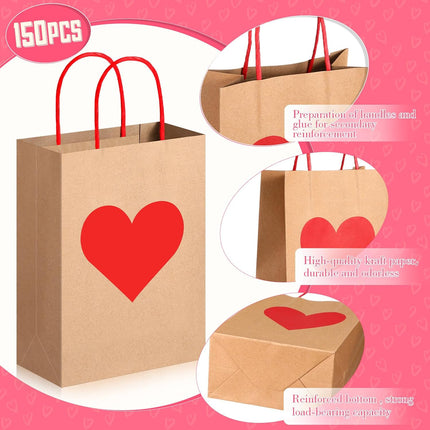 150 Pcs Valentines Day Gift Bags Candy Goodie with Handles Heart Love Paper Wrapping Kraft for Galentines Gifts Packing Party Favors -.