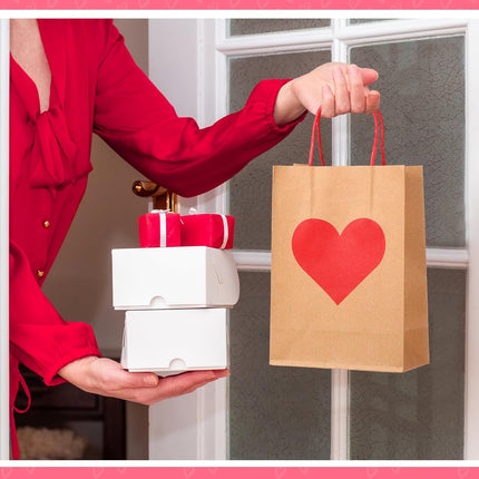 150 Pcs Valentines Day Gift Bags Candy Goodie with Handles Heart Love Paper Wrapping Kraft for Galentines Gifts Packing Party Favors -.