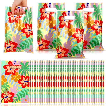 50 Pcs Hawaii Party Favor Bags Cute Cartoon Palm Leaves Snack Pouch 9.8 x 6.7 inch Hawaiian Themed Candy Treat Plastic Bag with Handle for Summer Tropical Aloha Birthday Theme Supplies -.