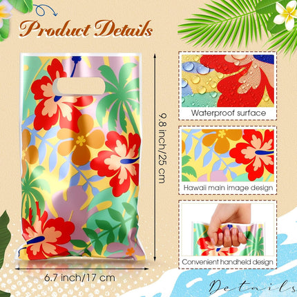50 Pcs Hawaii Party Favor Bags Cute Cartoon Palm Leaves Snack Pouch 9.8 x 6.7 inch Hawaiian Themed Candy Treat Plastic Bag with Handle for Summer Tropical Aloha Birthday Theme Supplies -.