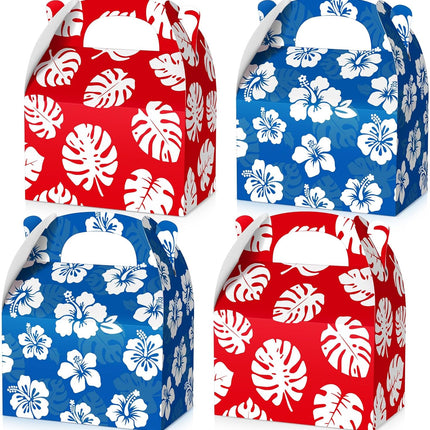 12 Pcs Hawaiian Luau Party Favor Treat Boxes Blue and Red Cartoon Paper Summer Tropical Hibiscus Palm Leaves Gable Goodie Bags for Birthday Aloha Pool Supplies -.