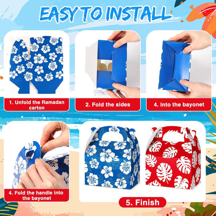 12 Pcs Hawaiian Luau Party Favor Treat Boxes Blue and Red Cartoon Paper Summer Tropical Hibiscus Palm Leaves Gable Goodie Bags for Birthday Aloha Pool Supplies -.