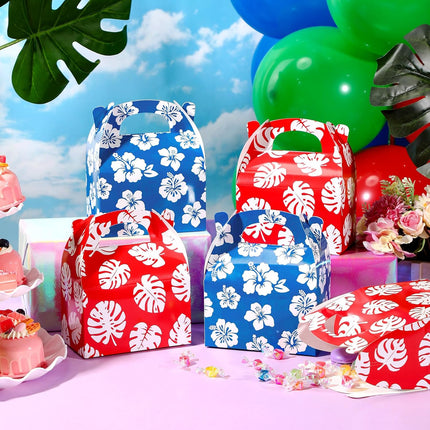 12 Pcs Hawaiian Luau Party Favor Treat Boxes Blue and Red Cartoon Paper Summer Tropical Hibiscus Palm Leaves Gable Goodie Bags for Birthday Aloha Pool Supplies -.
