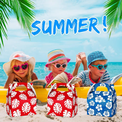 12 Pcs Hawaiian Luau Party Favor Treat Boxes Blue and Red Cartoon Paper Summer Tropical Hibiscus Palm Leaves Gable Goodie Bags for Birthday Aloha Pool Supplies -.
