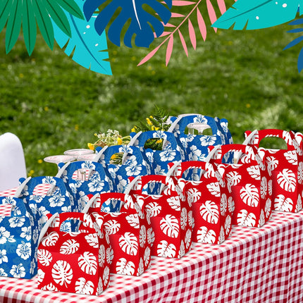 12 Pcs Hawaiian Luau Party Favor Treat Boxes Blue and Red Cartoon Paper Summer Tropical Hibiscus Palm Leaves Gable Goodie Bags for Birthday Aloha Pool Supplies -.