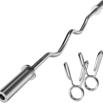 Olympic EZ Curl Bar - 47" Weightlifting Barbell for Bicep Curls & Tricep Extensions Fits 2-Inch Weight Plates 500LB Capacity Chrome with Needle Bearings 2 Spring Collars.