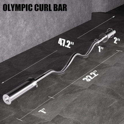 Olympic EZ Curl Bar - 47" Weightlifting Barbell for Bicep Curls & Tricep Extensions Fits 2-Inch Weight Plates 500LB Capacity Chrome with Needle Bearings 2 Spring Collars.