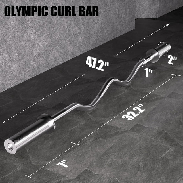 Olympic EZ Curl Bar - 47" Weightlifting Barbell for Bicep Curls & Tricep Extensions Fits 2-Inch Weight Plates 500LB Capacity Chrome with Needle Bearings 2 Spring Collars.