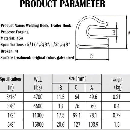 Weld On Grab Chain Hook,3/8" Hooks,Grade 70 Load Limit: 6600 lbs,for Welded onto Tractors or excavators -.