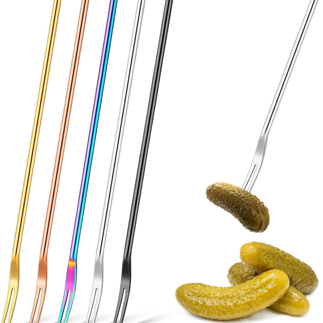 5 Pcs Pickle Fork, 8.66 Inches Long Handle Olive Fork 304 Stainless Steel Picker Grabber Tool for Jar Cocktail Dessert Fruit, 2 Prong(Multicolor) Multicolor -.